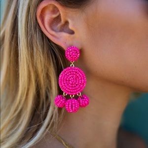 Hot Pink Beaded Drop Statement Earrings